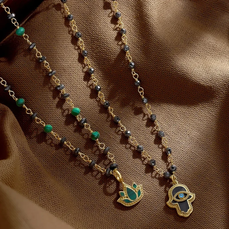 Celestial Flow Hamsa Hematite & Aquamarine Necklace