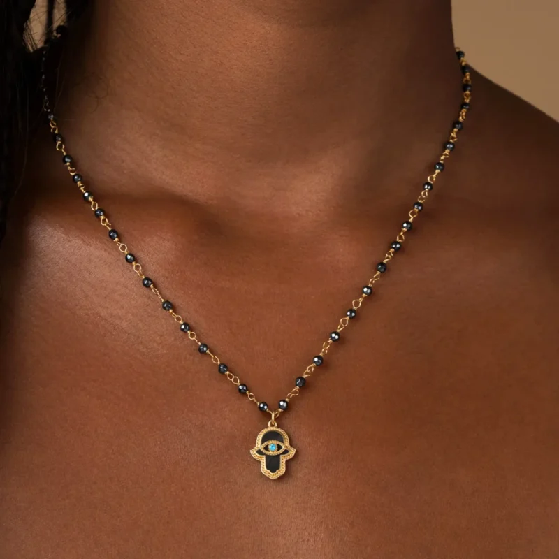 Celestial Flow Hamsa Hematite & Aquamarine Necklace